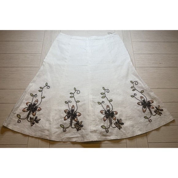 Carole Little Dresses & Skirts - Carole Little Vintage Embroidered Beaded Floral Linen‎ A-Line Flared Skirt Sz 4